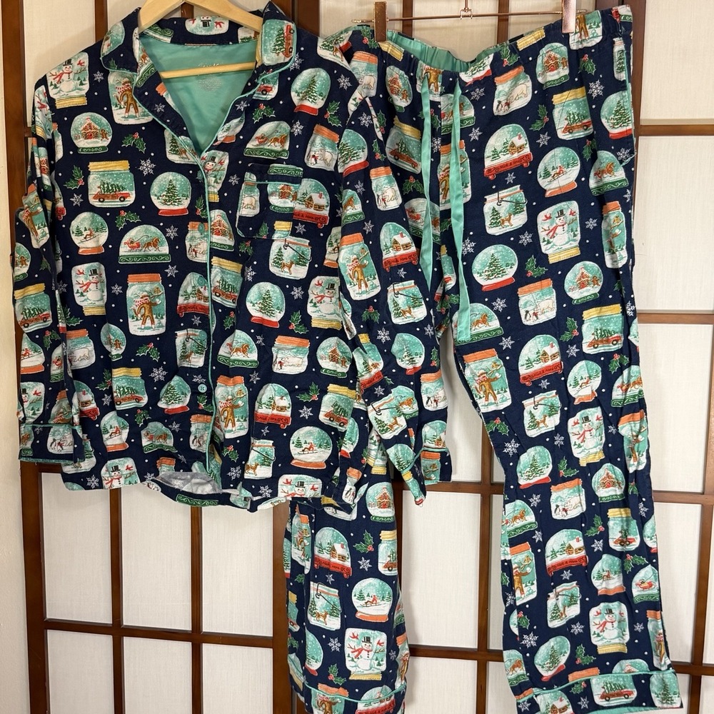 Nick & Nora Flannel Pajama Set Sz XXL Sock Monkey Christmas Snowglobe Top Pants